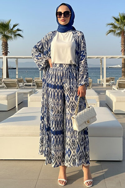 N.S NEVA STYLE Patterned Sax Blue Hijab Double Kimono Set 12887Sx