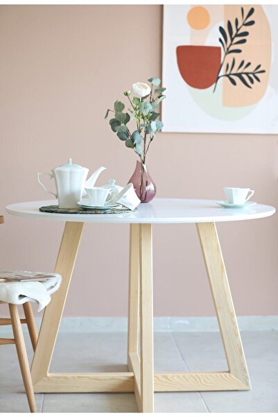 woodywood 75 Cm Yemek Masası Yuvarlak Beyaz Ahşap Model Mutfak Ofis Masası Ça...