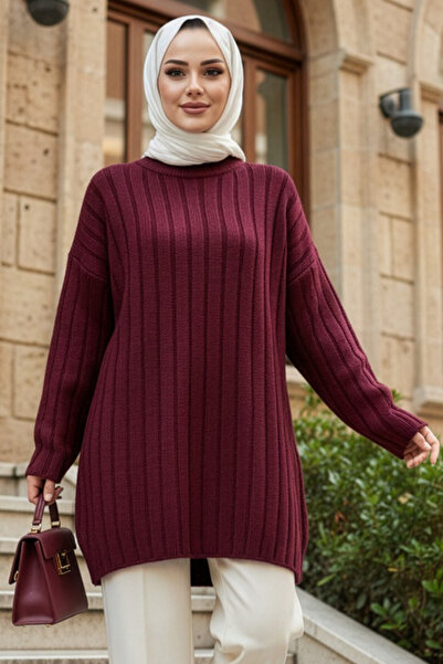 N.S NEVA STYLE Ribbed Dark Burgundy Hijab Knitwear Sweater 8844Kbr
