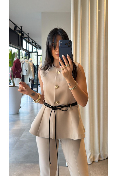 My Blog Stone Belted Buttoned Vest - 9682