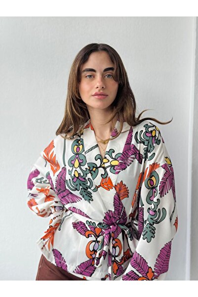 Retrobird Mini Wrap Blouse Kimono Women White Orange