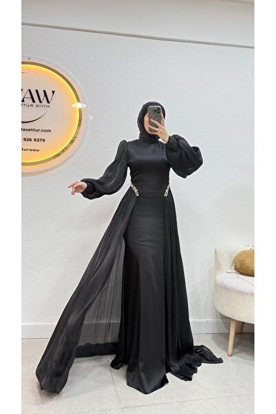 waw tesettür Saten Taş İşlemeli Tesettür Abiye Elbise
