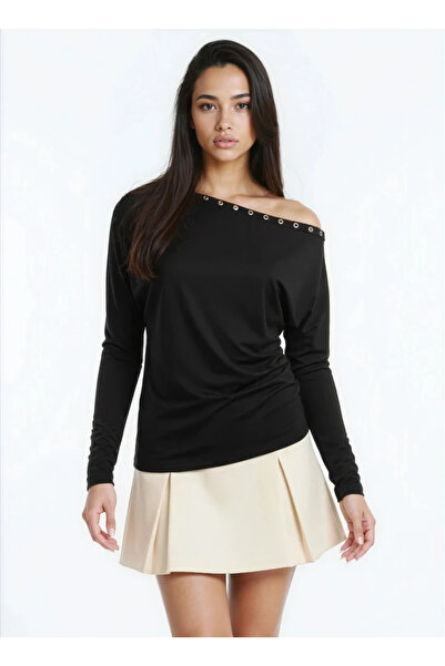 Buklemoda Women's Boat Neck Bat Sleeve Collar Trocked Lycra Combed Cotton Blouse