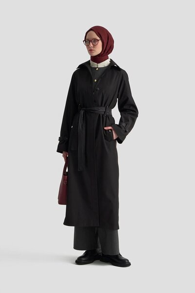 Armine Parlak Garnili Pardesü 25K8507 Siyah