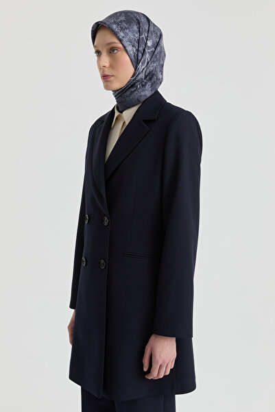 Tuğba Kruvaze Düğmeli Uzun Basic Ceket - Lacivert