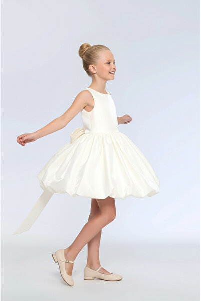 Moda Işıltı Kız Çocuk Kare Yaka Saten Kumaş Belden Fiyonklu Pileli Balon Etek...