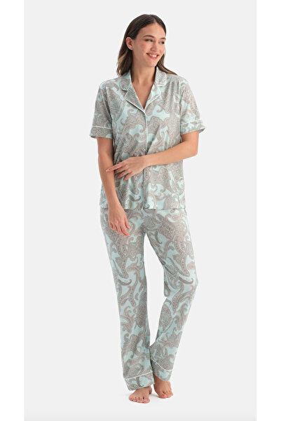 Dagi Women'S, Shawl Patterned, 50% Cotton 50% Modal Shirt Collar Pajama Set