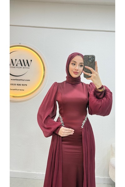 waw tesettür Saten Taş İşlemeli Tesettür Abiye Elbise