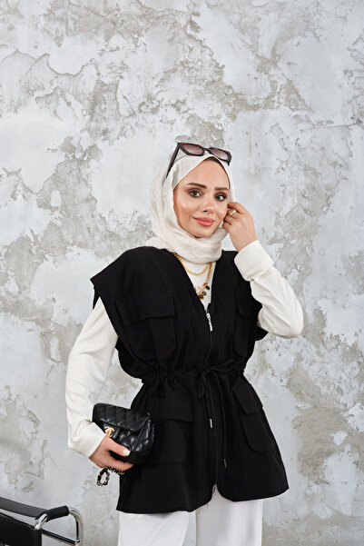 LOCCO Women's Cord Detailed Gabardine Waist Tie Vest Black