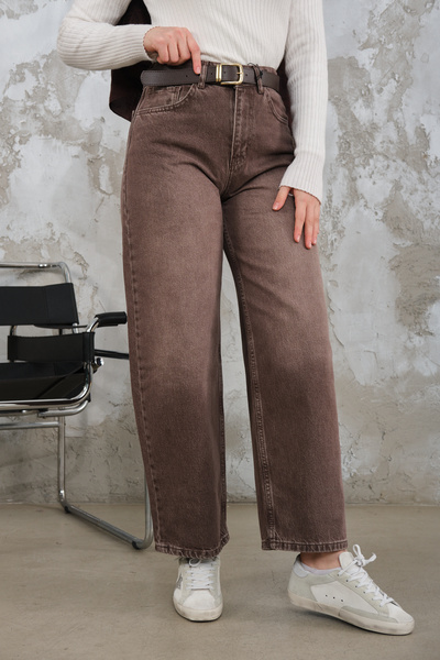 LOCCO Pantaloni de damă cu model spălat și curea, maro