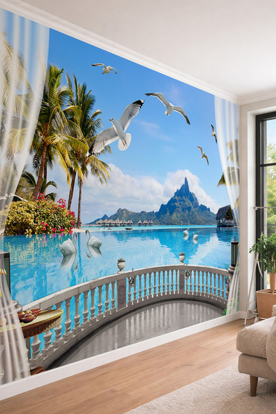 dreamwall Tropikal Ada ve Deniz Manzaralı Balkon Perspektifli Tek Parça Tekst...