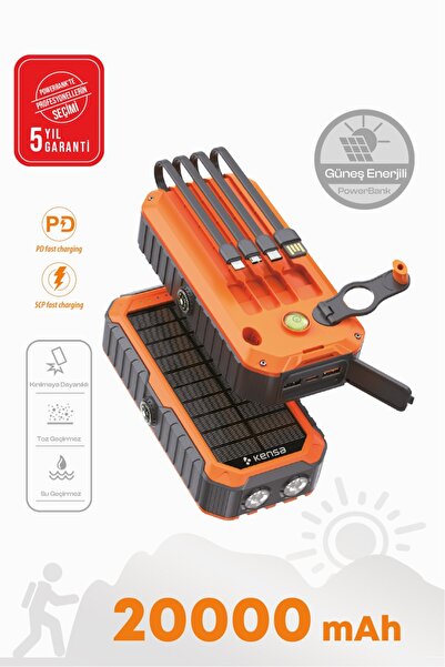 Kensa Güneş Enerjili Powerbank 20.000 mAh | Taşınabilir Şarj | Dahili Kablo |...