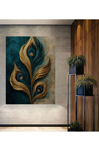 Teona Ahşap Altın Varaklı İhtişamlı Tavus Kuşu Tüyü Yağlı Boya Görünümlü Deko...