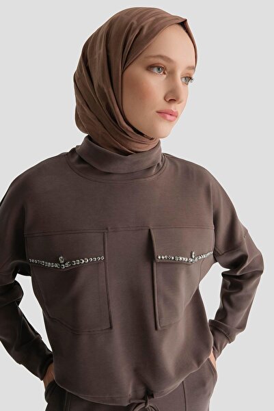 Armine Taş İşlemeli Örme Takım Acı kahve