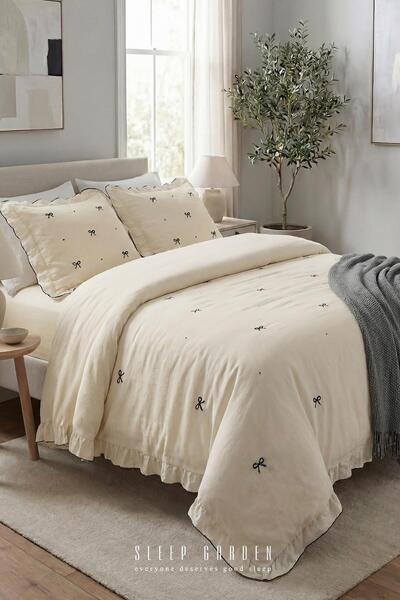 Sleep Garden طقم غطاء لحاف إيسن 100% قطن بنمط فيونكة كريمي مزدوج الحجم