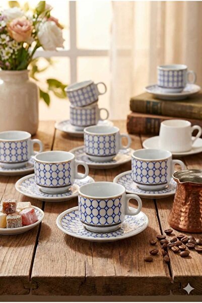 Homerest Modern Etnik Desenli Porselen 6 Kişilik Türk Kahvesi Fincan Takımı, ...