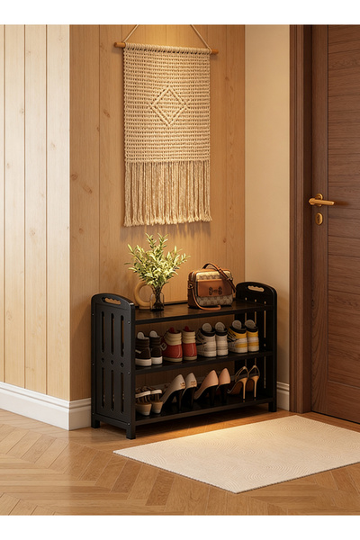 Generic 3-Tier Bamboo Shoe Rack, Simple Dustproof Shoe Storage Organizer, Black