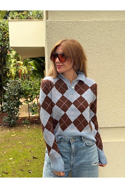 begum mayda Bebe Mavisi & Acıkahve , Atkılı , Baklava Desenli Triko