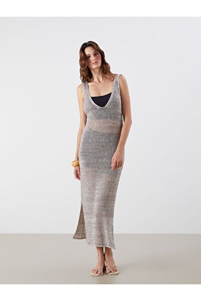 LC Waikiki Lcw dream brown v-neck openwork beach dress