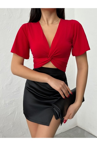 QUTTA Bluză crop roșie pentru femei, cu mâneci scurte spaniole și detaliu răs...
