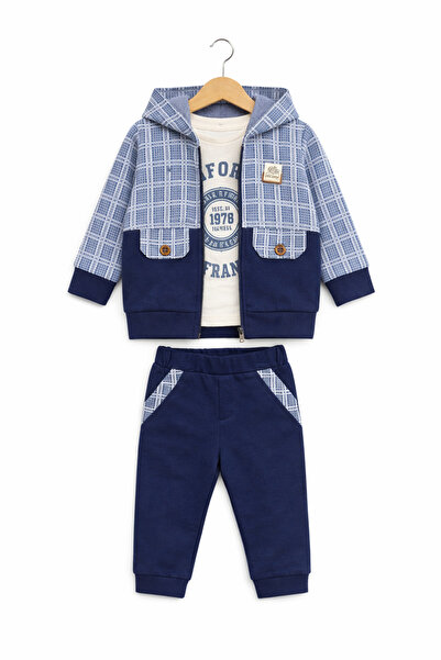 Baby Fou Baby Boy Plaid Detailed Hooded Zippered 3-Piece Set