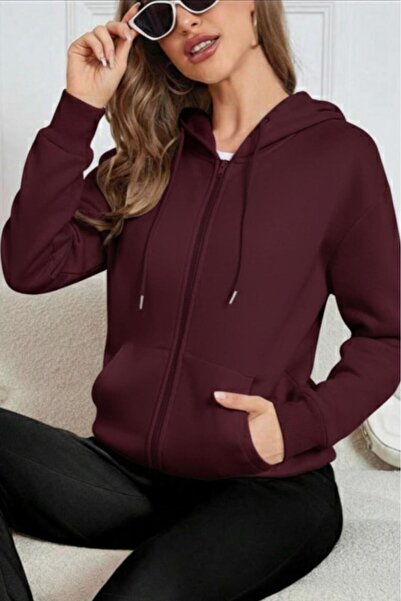 NO 601 Women's Burgundy Winter Thick Zippered Hooded Cardigan