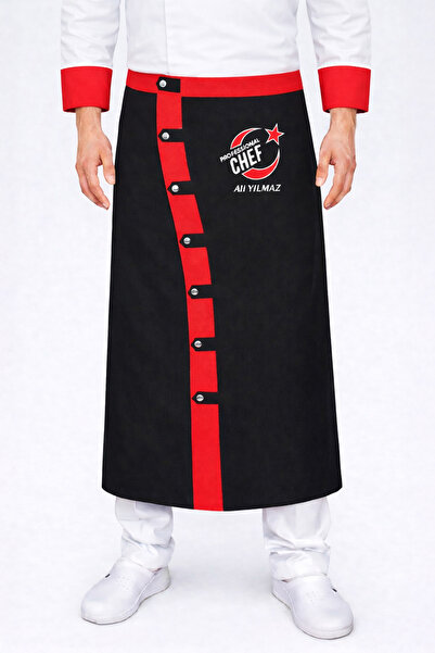 Üniformanya Black Red Biritli Professional Chef Apron with Name Gift, Chef Ap...