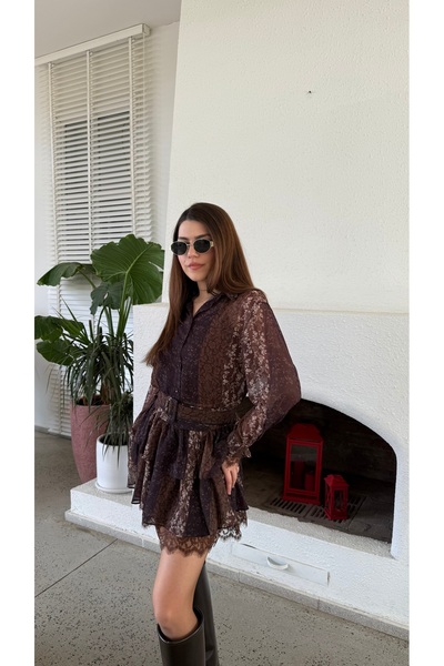 MODA Brown Belted Lace Dress