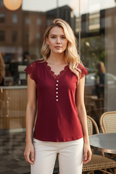 Mossta V-Neck Lace Detailed Buttoned Viscose Blouse - Burgundy
