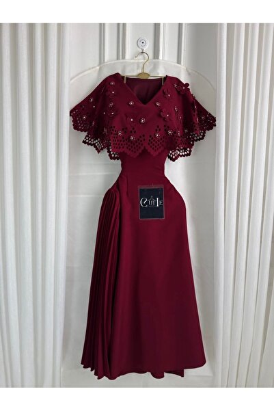 Cutie Women's burgundy V-neck dress with hand-embroidered cape and defined wa...