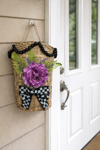 Marrone سلة باب مزينة بالخرز الأسود من بينك بيوتي، سلة خوص متعددة الأغراض