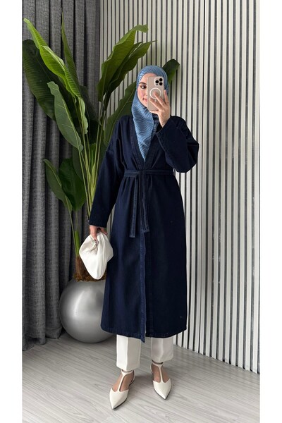 Molly Nelly Kadın Kot Bağlamalı Günlük Kap Uzun Pardesü