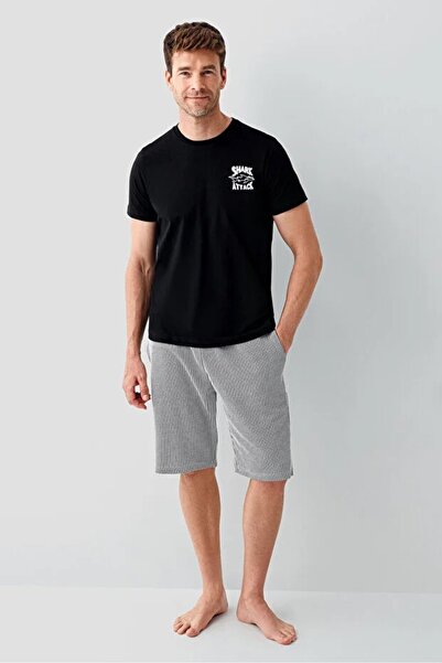 YUYİ Arnetta 100% Cotton Crew Neck Short Sleeve Men's Shorts Pajama Set 3671