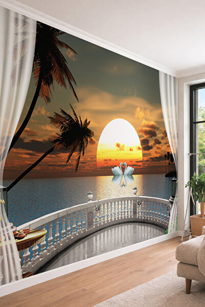 dreamwall Gün Batımı Deniz Manzaralı ve Balkon Perspektifli Tek Parça Tekstil...