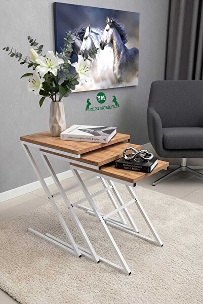 Yılkı Mobilya AYSİ ÜÇLÜ ZİGON Z SEHPA BEYAZ METAL AYAKLI