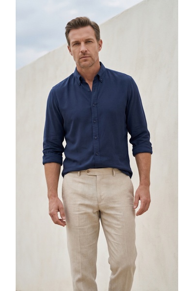 alenmeza Men's Navy Blue Buttoned Collar Pocketless Casual Modal Shirt