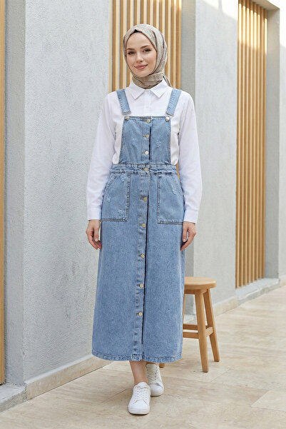 Kirazgym Women's Stone Detailed Buttoned Double Pocket Denim Slopet - Ice Blue