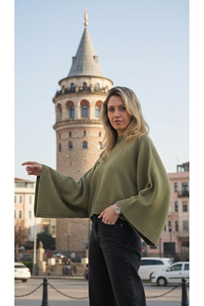 MELEK ARAZ Zeytin Yeşili Yarasa Kol Kazak