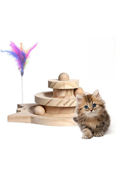 HPYTECH 🐾   Wooden Cat Toy 😸   3-Layer Bulk Intelligence Toy & Feathered Fi...