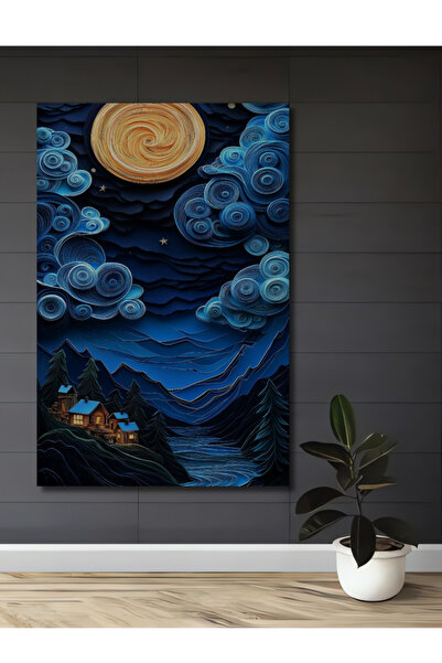 Teona Ahşap Büyülü Ay Işığı Manzarası Kağıt Rölyef Dekoratif Ahşap Tablo Ev,S...