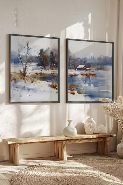 STARYUNA Black Wooden Framed Double Painting Set with Winter Lake View Yuna526