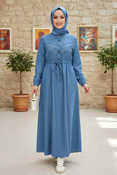 Hb Harma Time Butik Women's Lace Detailed Waist-Tightening Open Denim Blue Dr...