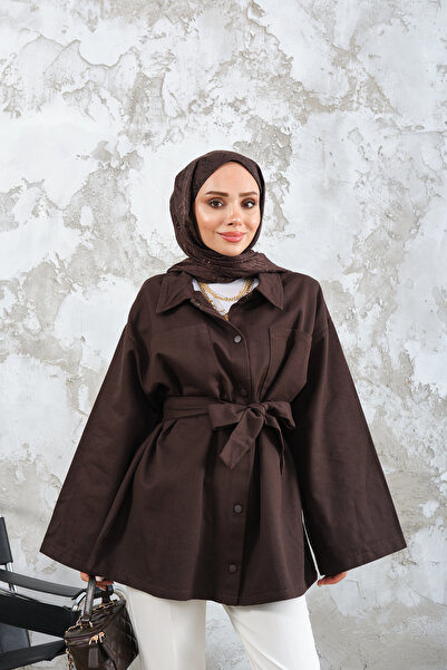 LOCCO Women's Gabardine Jacket with Snap Detail and Waist Tie, Brown