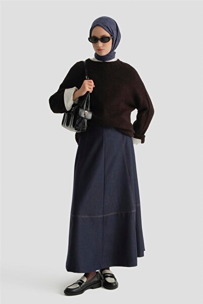 Armine Dikiş Detaylı Denim Etek İndigo