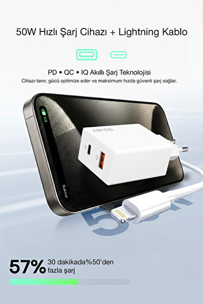Kensa 50W PD Hızlı Şarj Başlığı + USB-C to Lightning Kablo – iPhone Uyumlu, A...