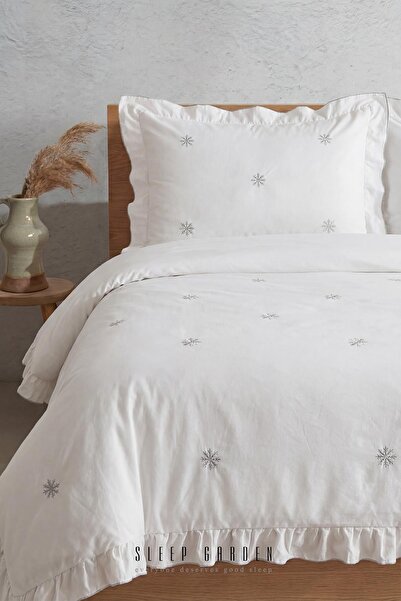 Sleep Garden Esen Nevresim Takımı Nakışlı %100 Pamuk Kar Tanesi Desenli Beyaz...