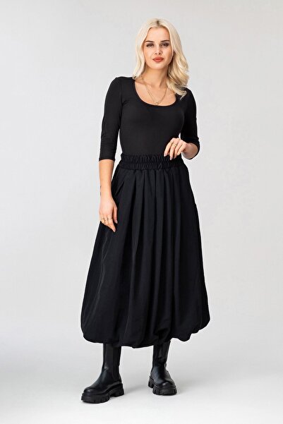 Bold & Young Women's Black Pocketed Lined Polyamide Fabric Balloon Skirt