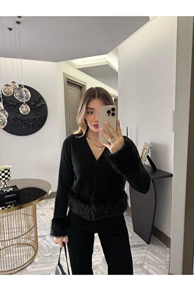 CKBUTİK Siyah Tüylü Triko Hırka -36959