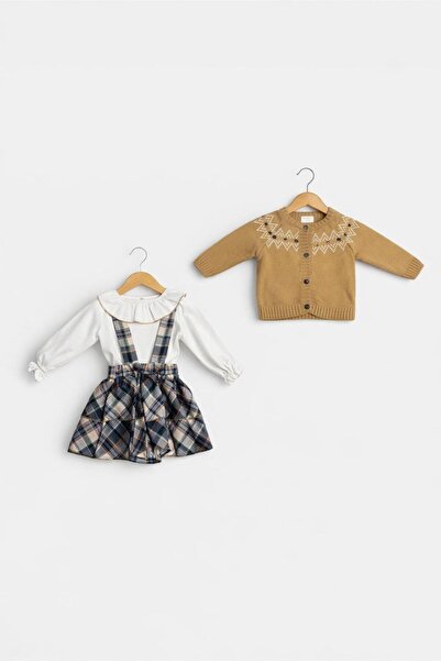 Gocoland Baby Girl Strappy Salopet, Knitwear Cardigan and Shirt Three-Piece S...