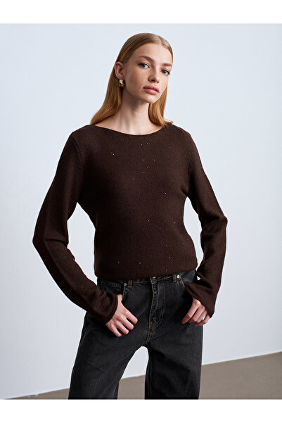 Dilvin 10836 سترة من مزيج الصوف اللامع بياقة قاربية - بني